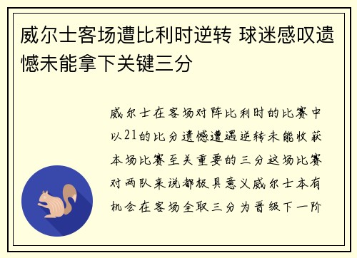 威尔士客场遭比利时逆转 球迷感叹遗憾未能拿下关键三分