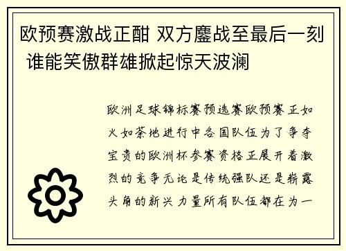 欧预赛激战正酣 双方鏖战至最后一刻 谁能笑傲群雄掀起惊天波澜