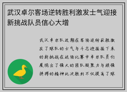 武汉卓尔客场逆转胜利激发士气迎接新挑战队员信心大增