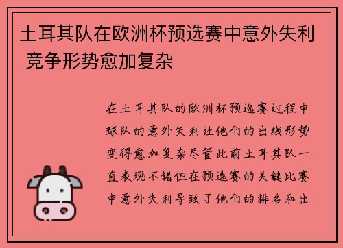 土耳其队在欧洲杯预选赛中意外失利 竞争形势愈加复杂