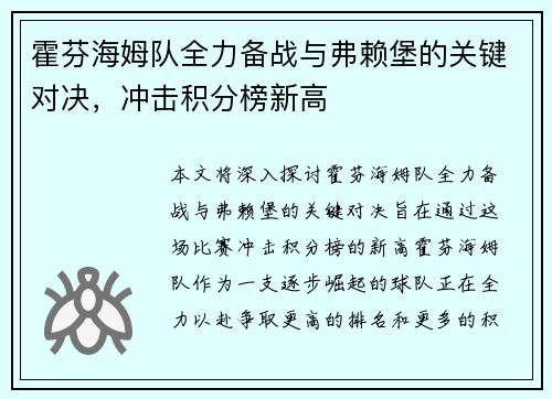 霍芬海姆队全力备战与弗赖堡的关键对决，冲击积分榜新高
