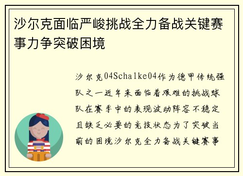 沙尔克面临严峻挑战全力备战关键赛事力争突破困境