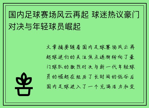 国内足球赛场风云再起 球迷热议豪门对决与年轻球员崛起