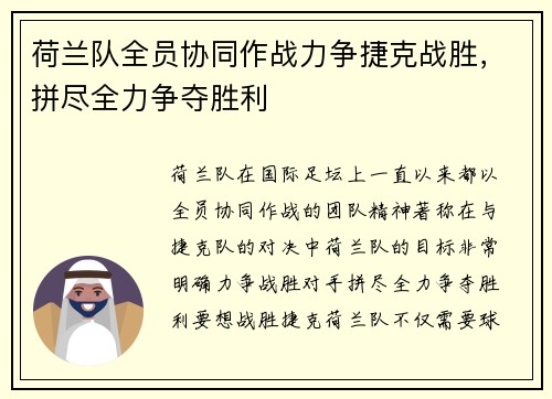 荷兰队全员协同作战力争捷克战胜，拼尽全力争夺胜利