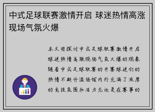 中式足球联赛激情开启 球迷热情高涨现场气氛火爆