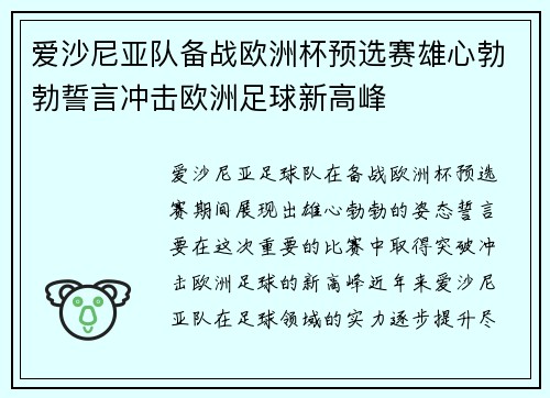 爱沙尼亚队备战欧洲杯预选赛雄心勃勃誓言冲击欧洲足球新高峰
