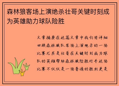 森林狼客场上演绝杀壮哥关键时刻成为英雄助力球队险胜