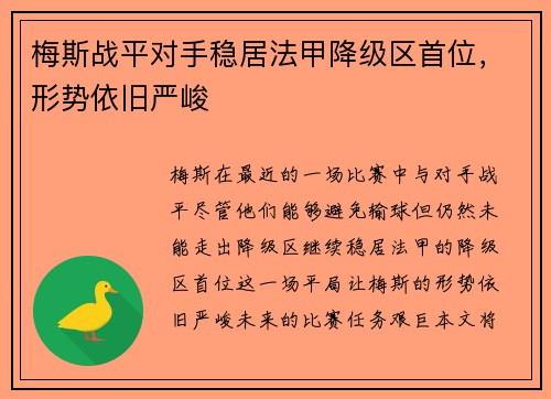 梅斯战平对手稳居法甲降级区首位，形势依旧严峻