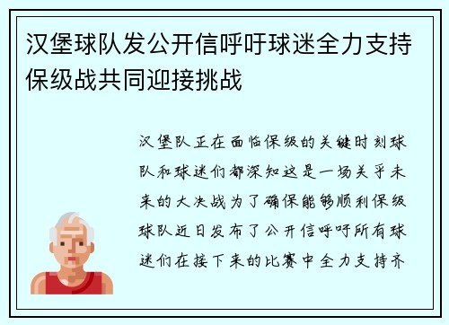 汉堡球队发公开信呼吁球迷全力支持保级战共同迎接挑战